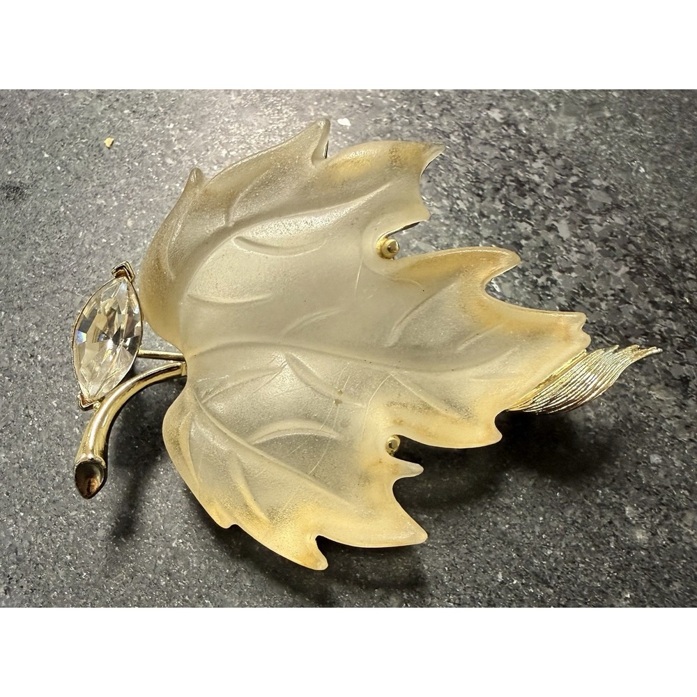 Vintage LISNER Lucite Leaf Brooch 2.5" Frosted Gold Tone Rhinestone Pin
